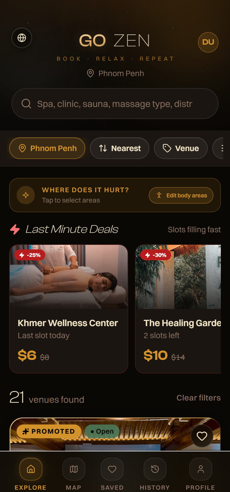 GOZEN app — browse spas & clinics