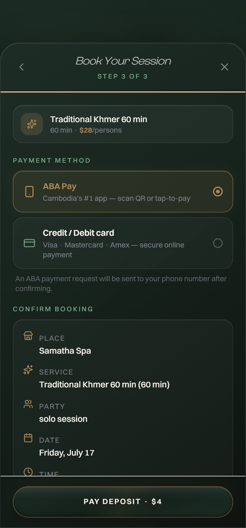 GOZEN — review booking and choose payment method