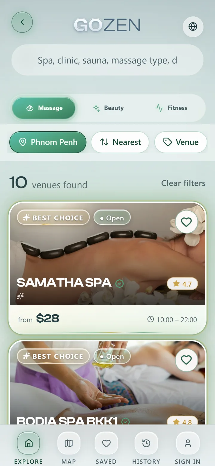 GOZEN home — Massage venues, green